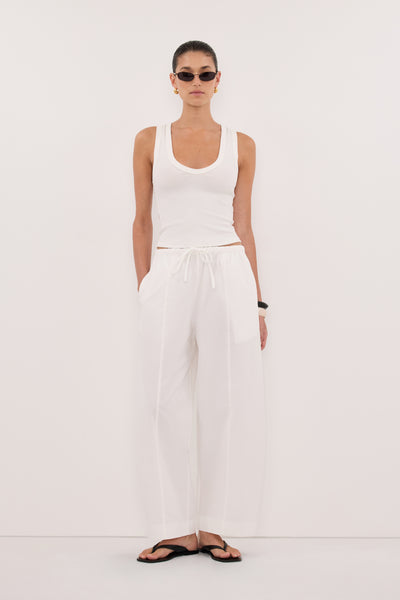 Aude wearing SCOUT WHITE COTTON BARREL LEG PANT