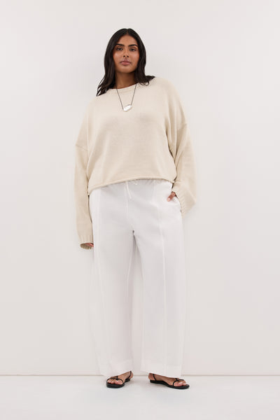 Shanaya wearing SCOUT WHITE COTTON BARREL LEG PANT