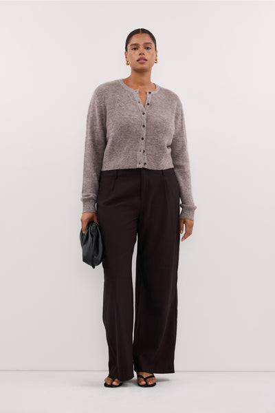 Amanda wearing MONIQUE PEAT CHOC TAILORED PANT