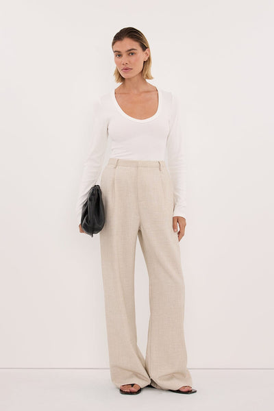 Joanna wearing CYRUS NATURAL TAILORED PANT