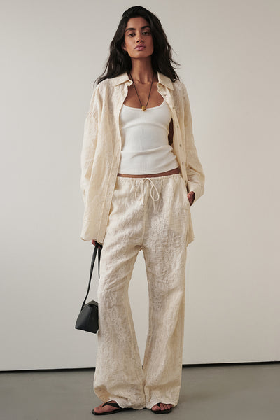 Anaya  wearing CORDELIA SANDSTONE CROPPED RAMIE PANT