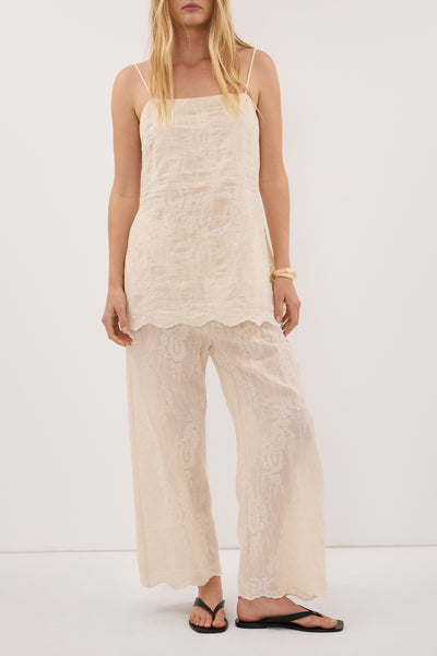 Zoe wearing CORDELIA SANDSTONE CROPPED RAMIE PANT
