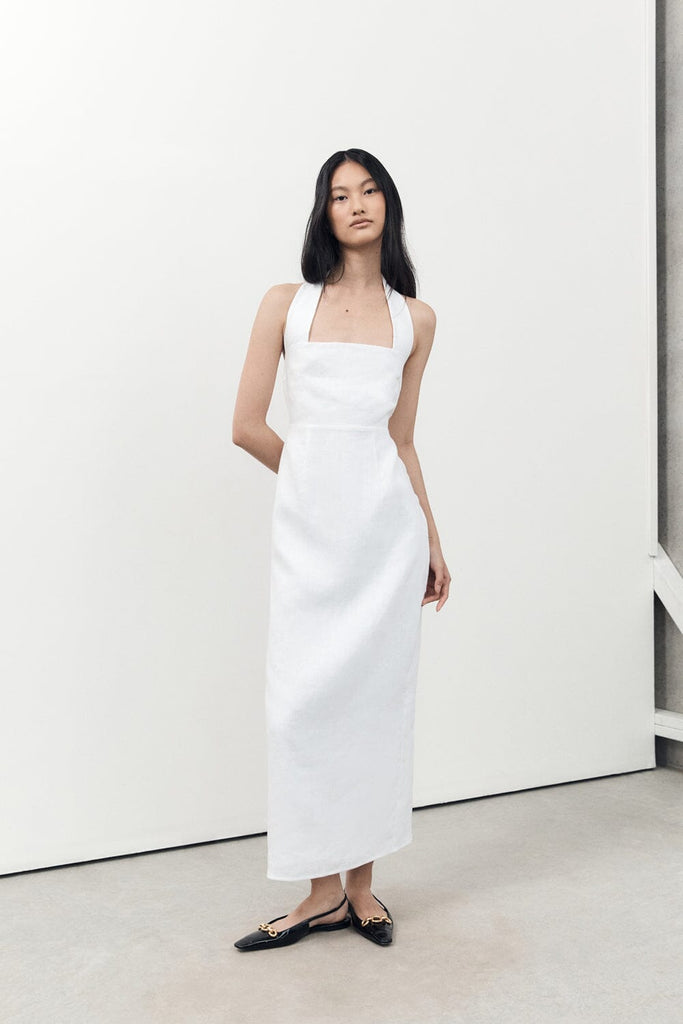 LEO WHITE HALTER LINEN MIDI DRESS | Dissh