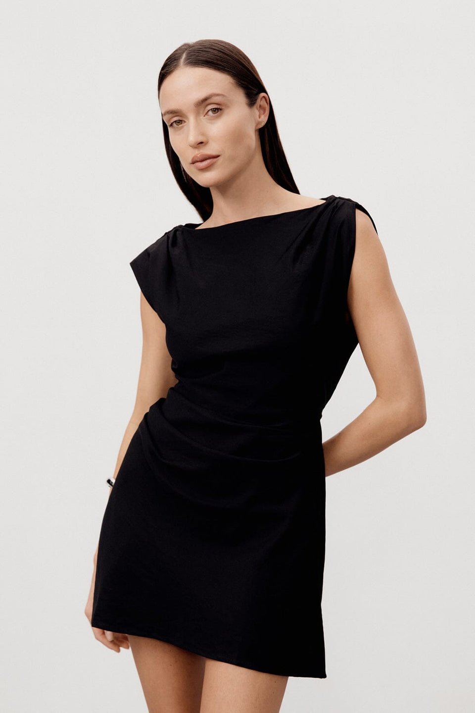 MARMO BLACK DRAPED MINI DRESS Clothing DISSH Boutiques 
