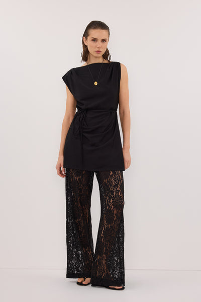 Stas wearing MARMO BLACK DRAPED MINI DRESS