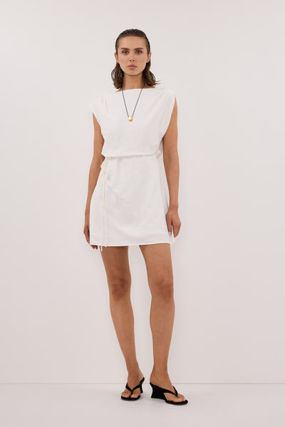Stas wearing MARMO WHITE DRAPED MINI DRESS