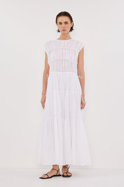 Stas wearing FLYNN WHITE LINEN BLEND MIDI DRESS