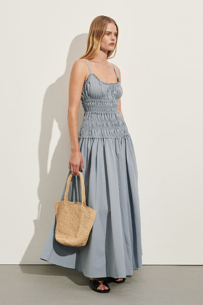Zoe wearing TOBY SLATE COTTON MIDI DRESS