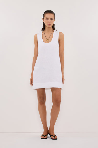 Stas wearing LOTUS WHITE LINEN MINI DRESS