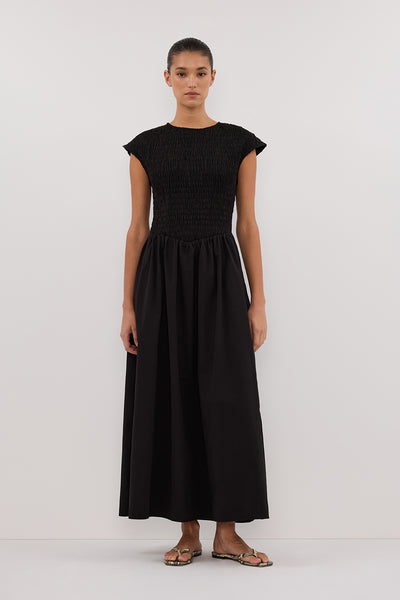 Aude wearing ROMA BLACK CAP SLEEVE MIDI DRESS