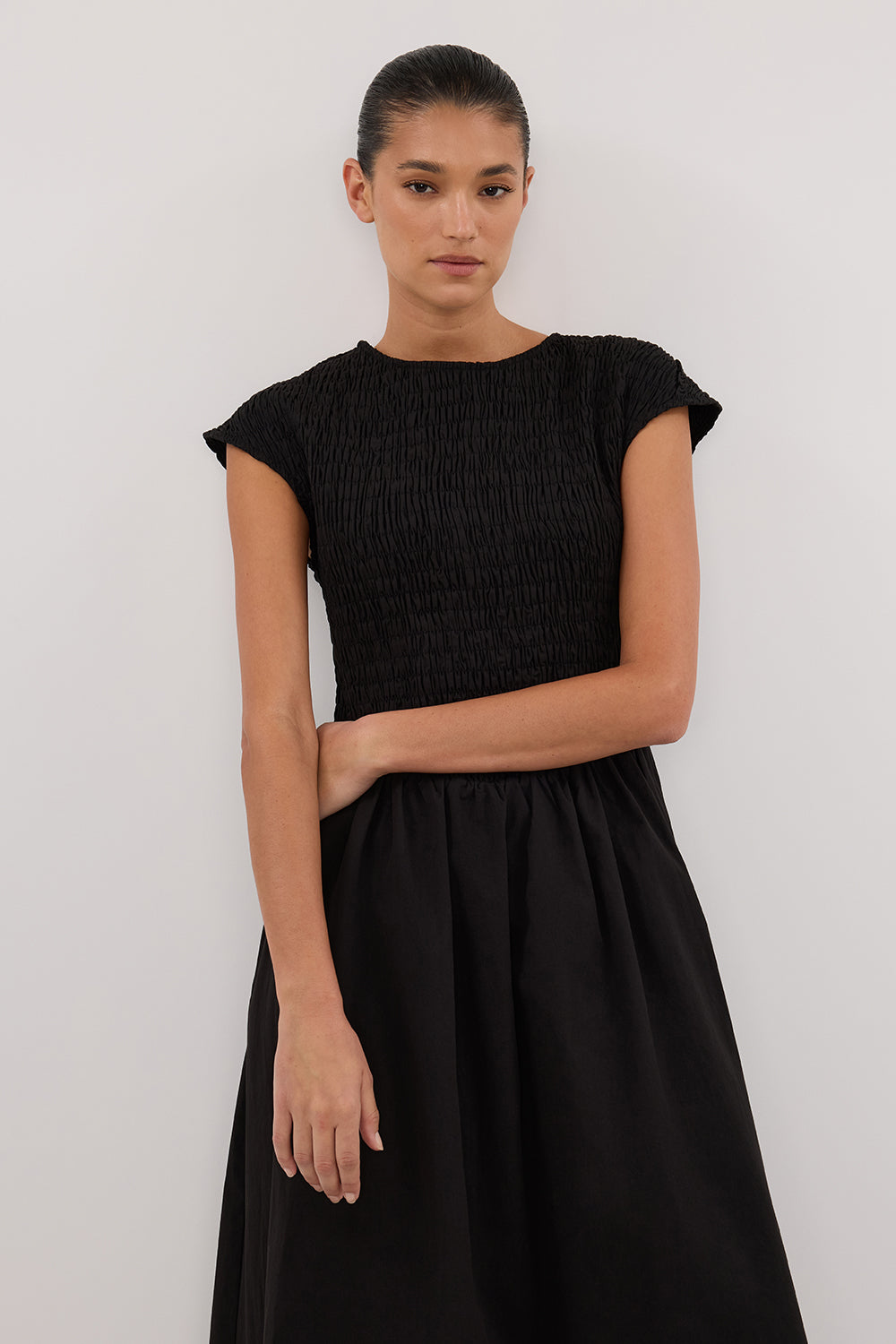 ROMA BLACK CAP SLEEVE MIDI DRESS Clothing DISSH Boutiques 
