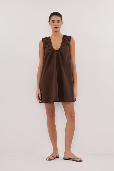 Stas wearing GABBY BITTER CHOC OVERSIZED COTTON MINI DRESS