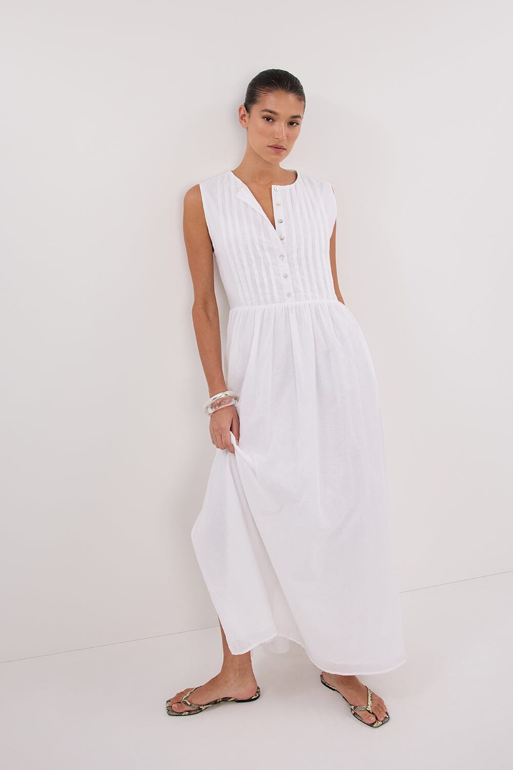 LARS WHITE PINTUCK LINEN MIDI DRESS Clothing DISSH Boutiques 6 WHITE 