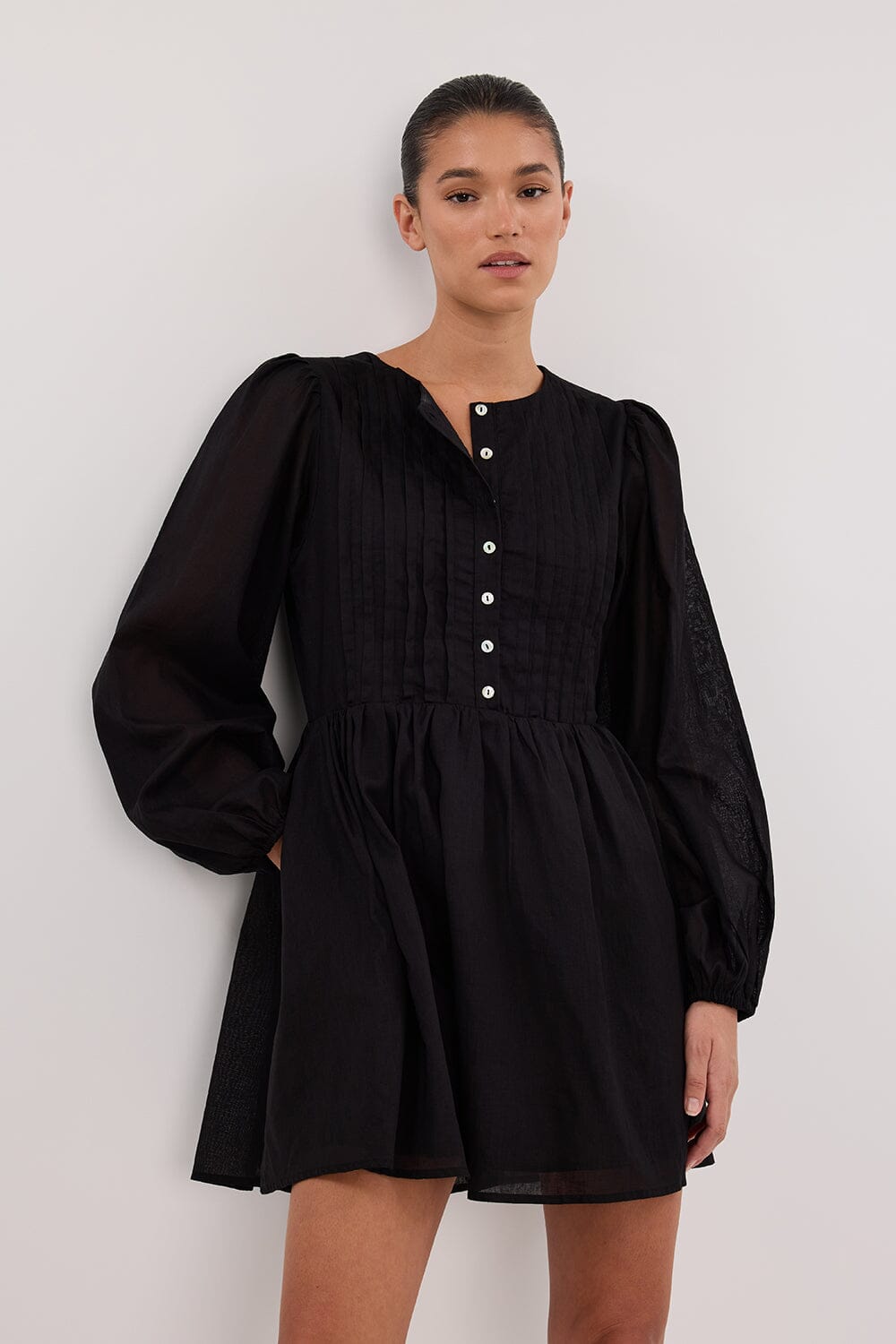 LARS BLACK BUTTON SLEEEVED LINEN MINI DRESS Clothing DISSH Boutiques 