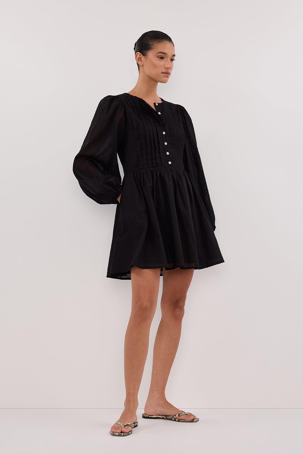 LARS BLACK BUTTON SLEEEVED LINEN MINI DRESS Clothing DISSH Boutiques 