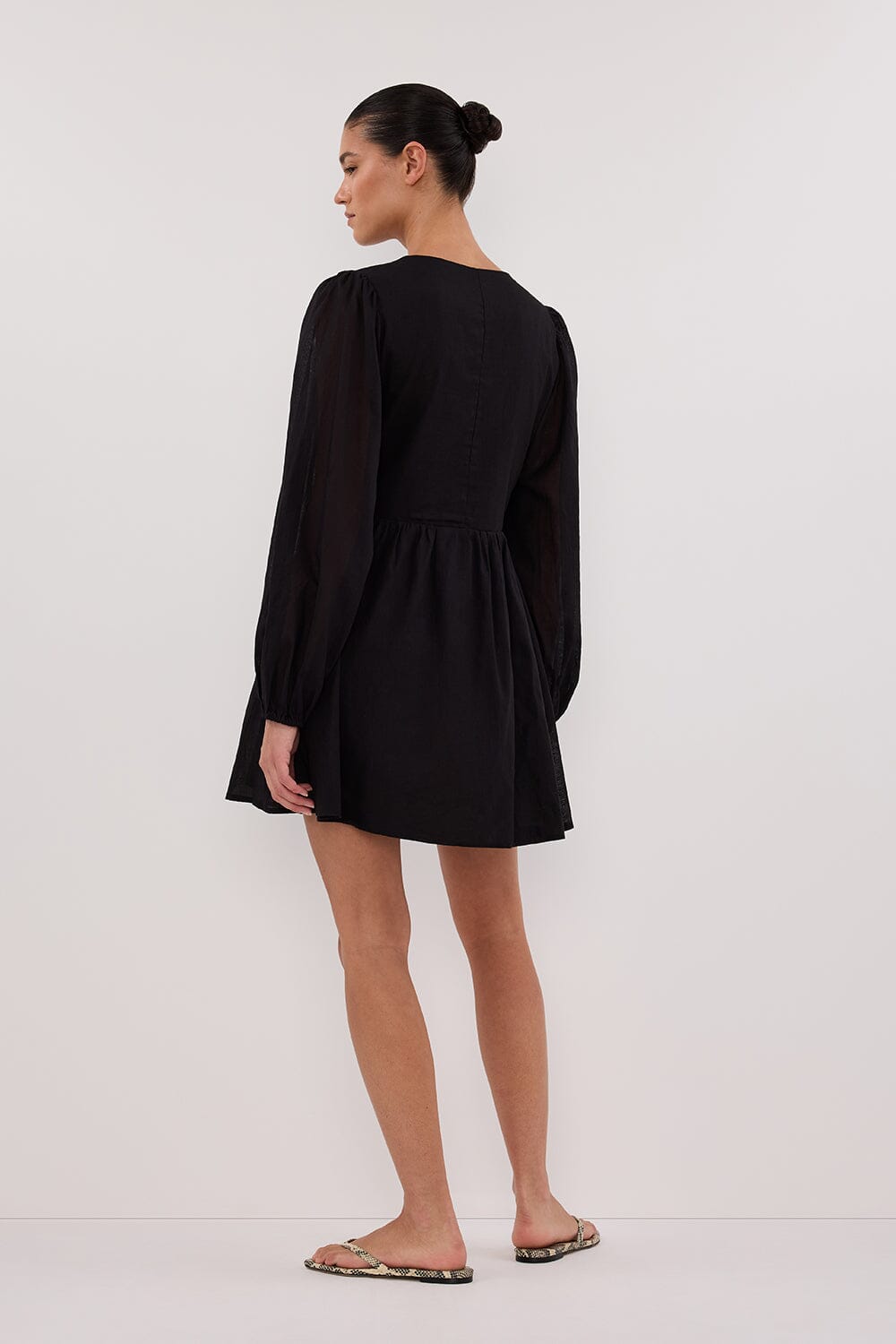 LARS BLACK BUTTON SLEEEVED LINEN MINI DRESS Clothing DISSH Boutiques 