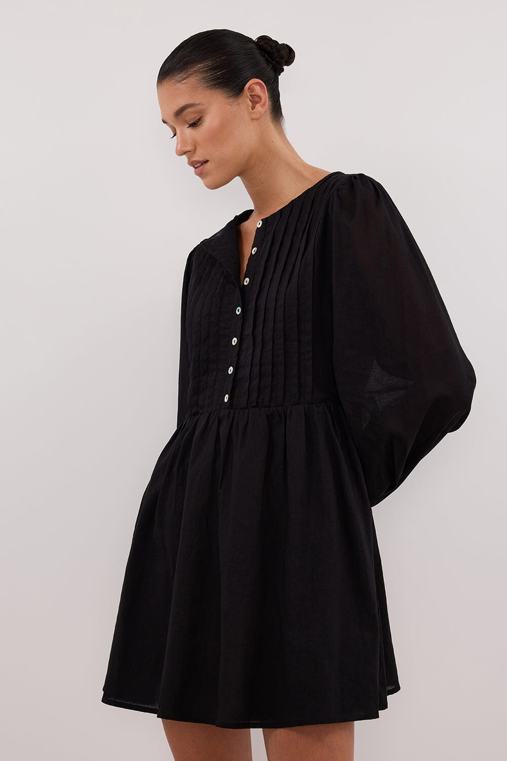 LARS BLACK BUTTON SLEEEVED LINEN MINI DRESS Clothing DISSH Boutiques 