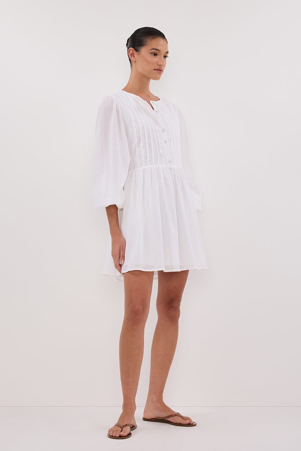 LARS WHITE BUTTON SLEEEVED LINEN MINI DRESS Clothing DISSH Boutiques 