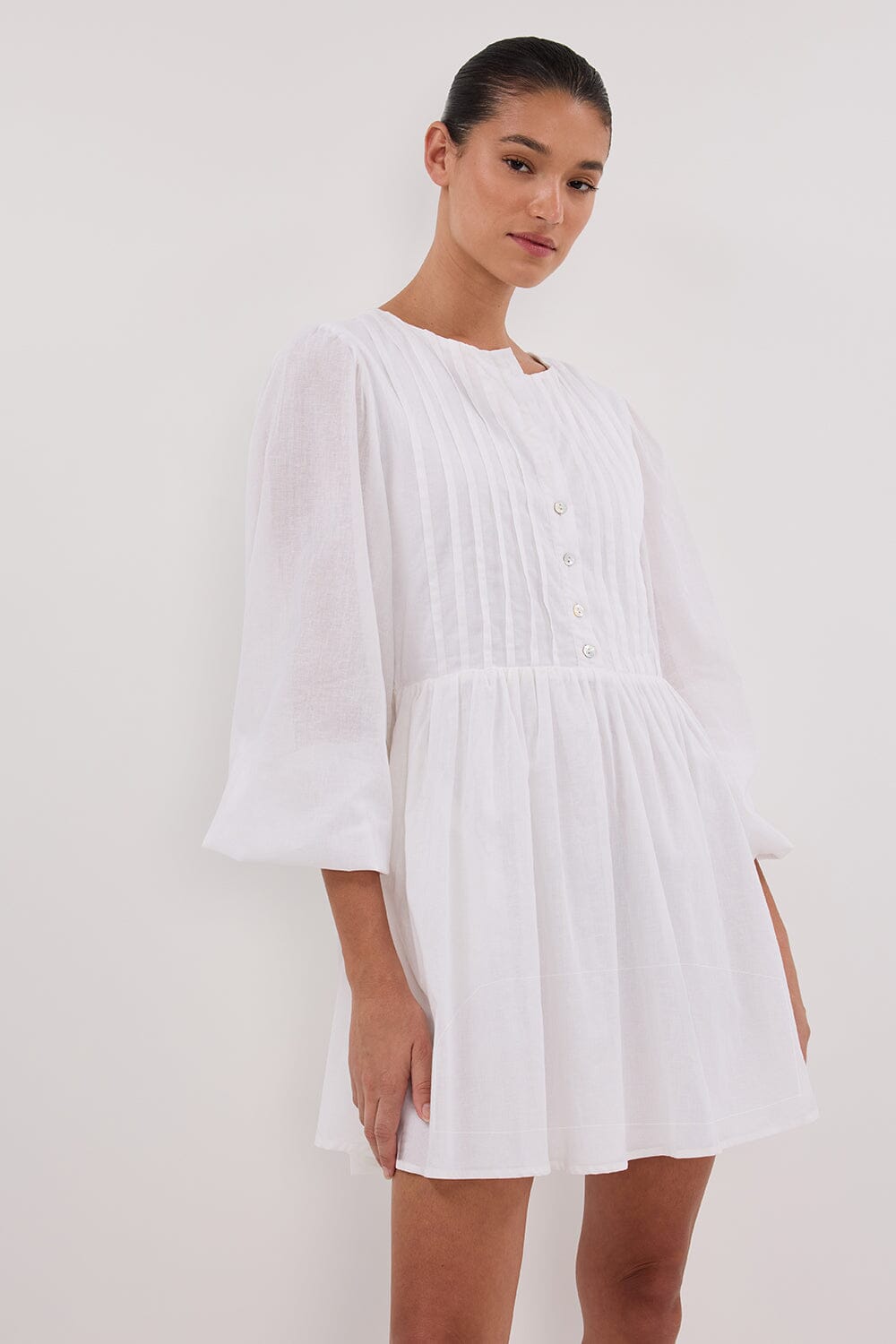 LARS WHITE BUTTON SLEEEVED LINEN MINI DRESS Clothing DISSH Boutiques 