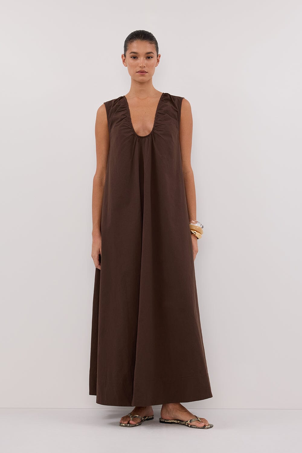 GABBY BITTER CHOC OVERSIZED COTTON MIDI DRESS