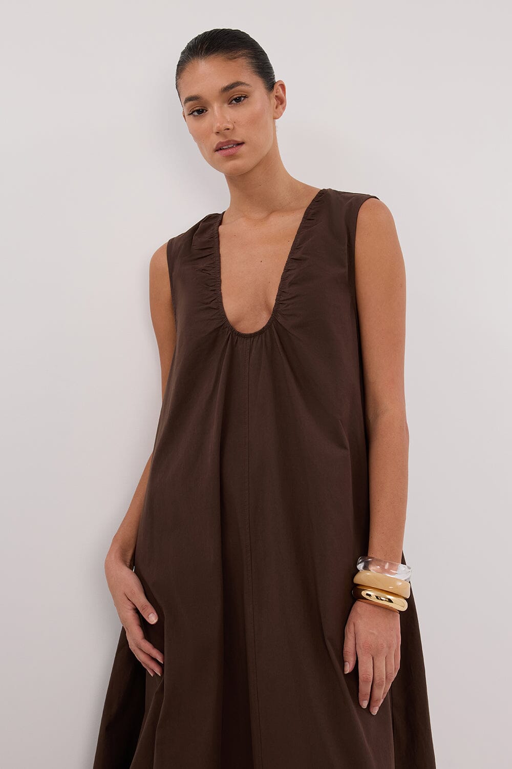 GABBY BITTER CHOC OVERSIZED COTTON MIDI DRESS