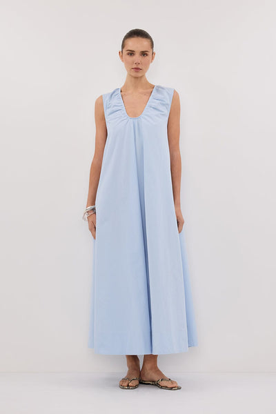 Stas wearing GABBY CORNFLOWER OVERSIZED COTTON MIDI DRESS