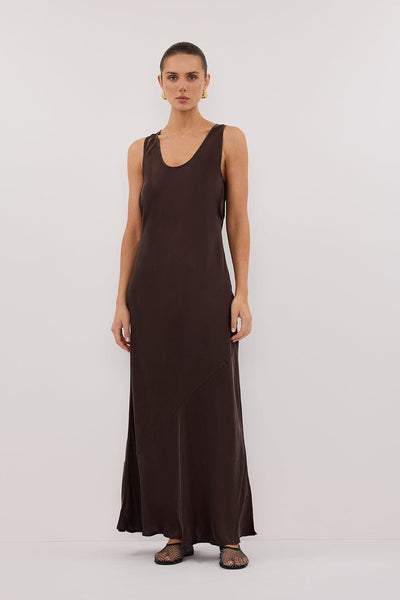 Stas wearing DARCY BITTER CHOC SILK MAXI DRESS
