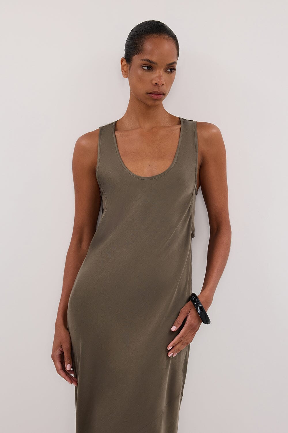DARCY OLIVE SILK MAXI DRESS Clothing DISSH Boutiques 