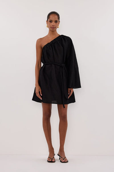 Kristen wearing AURELIA BLACK ASYM LINEN MINI DRESS