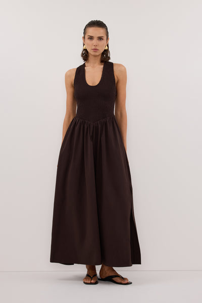 Stas wearing FLORENCE BURNT CHOC COTTON MIDI DRESS