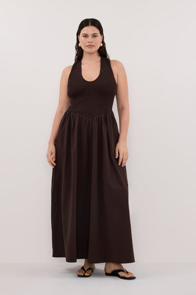 Jasmine wearing FLORENCE BURNT CHOC COTTON MIDI DRESS