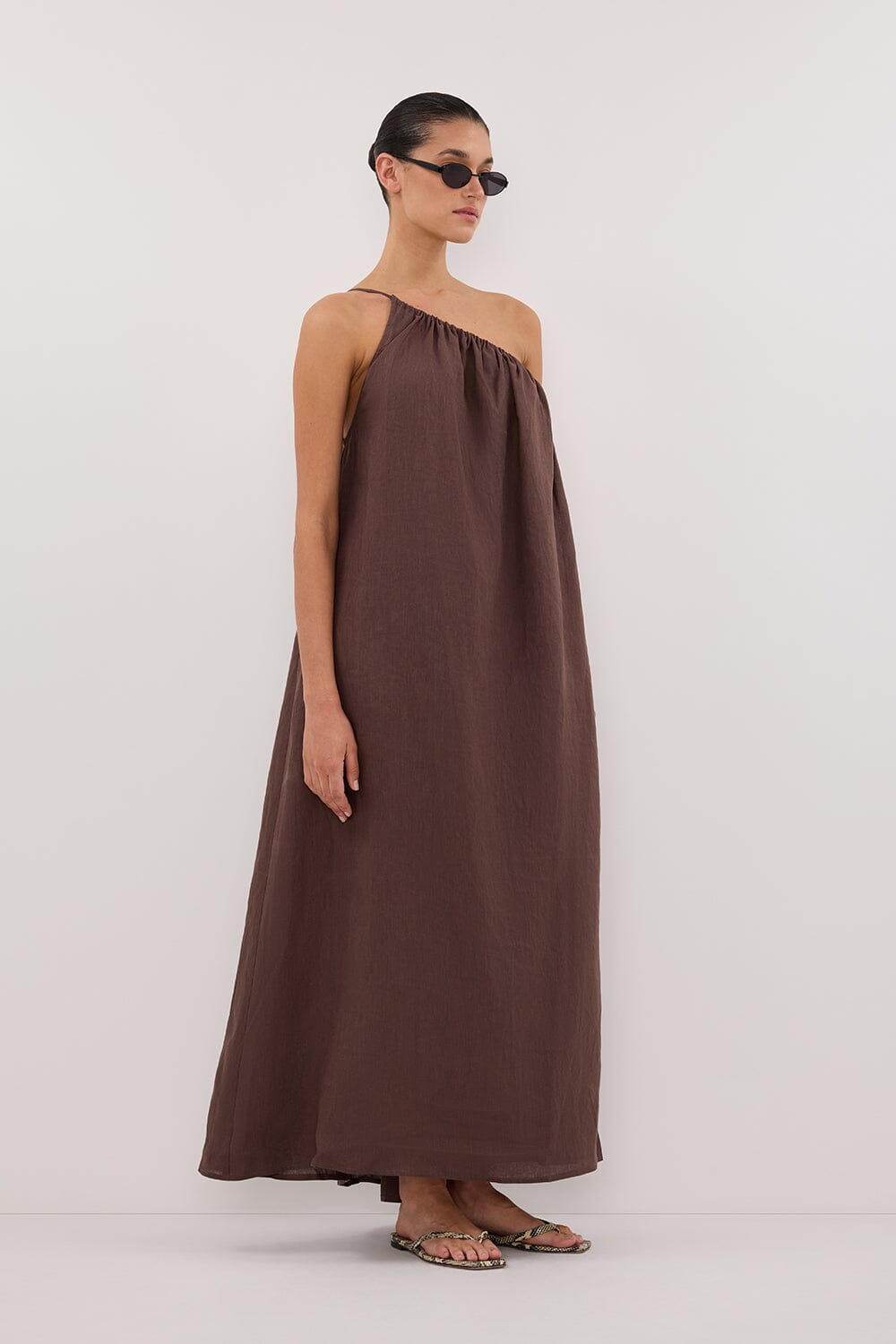 ALMA BIT CHOC ASYM LINEN MIDI DRESS | Dissh