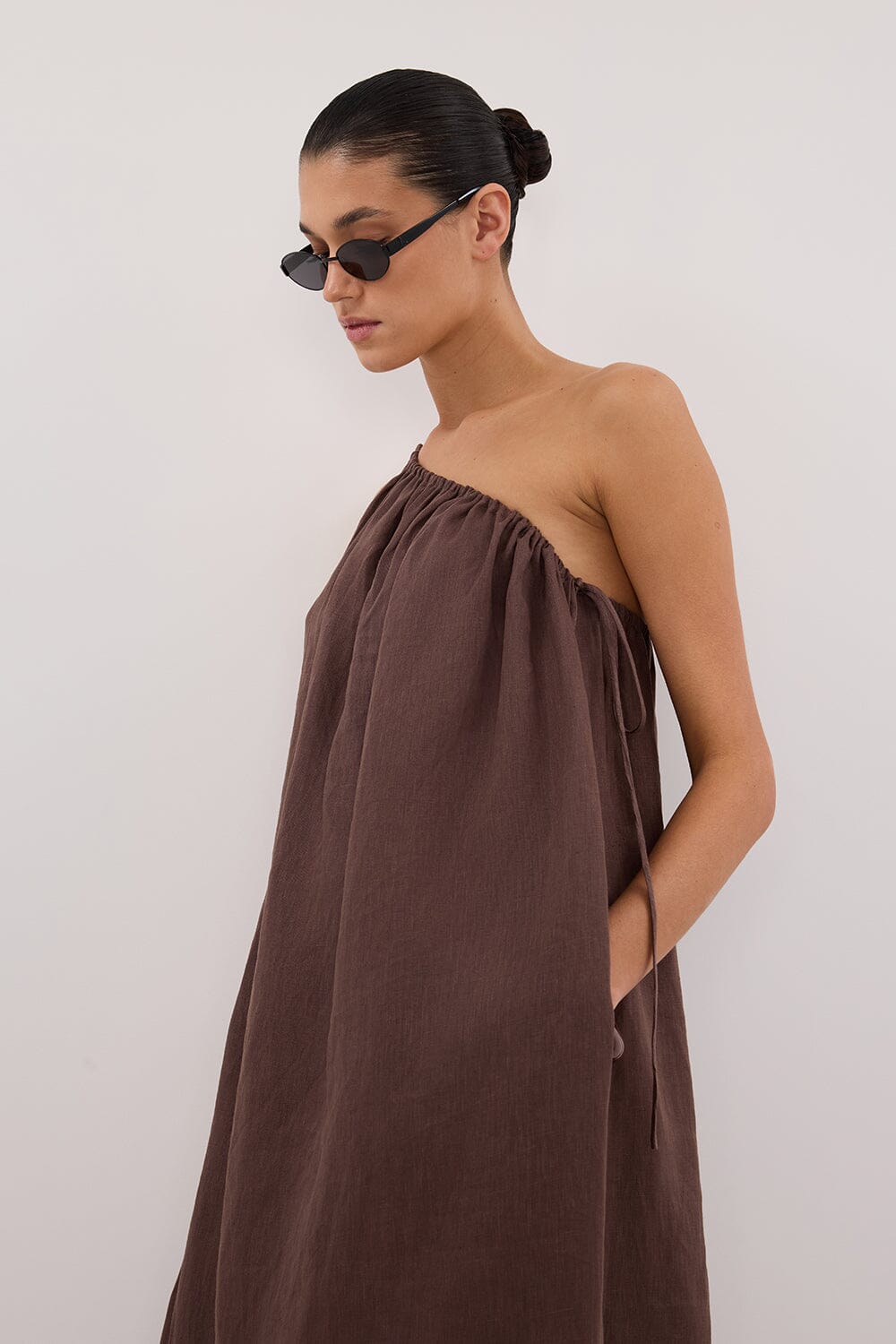 ALMA BITTER CHOC ASYM LINEN MIDI DRESS - PRE ORDER Clothing DISSH Boutiques 