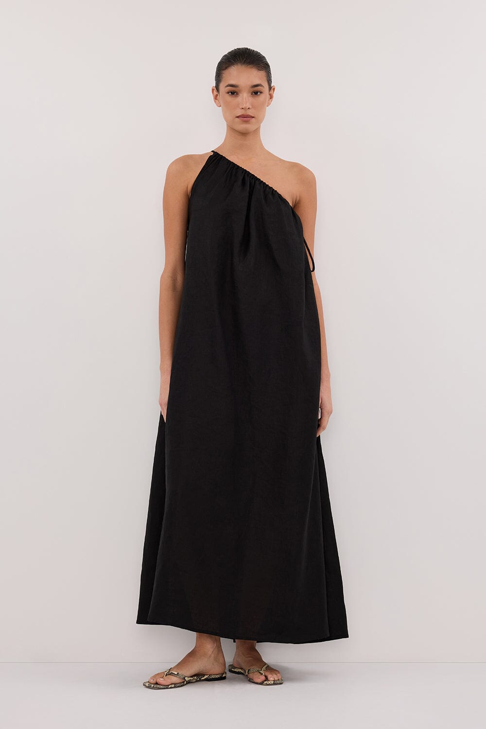 ALMA BLACK ASYM LINEN MIDI DRESS Clothing DISSH Boutiques 