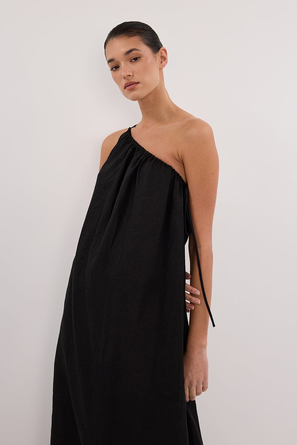 ALMA BLACK ASYM LINEN MIDI DRESS Clothing DISSH Boutiques 