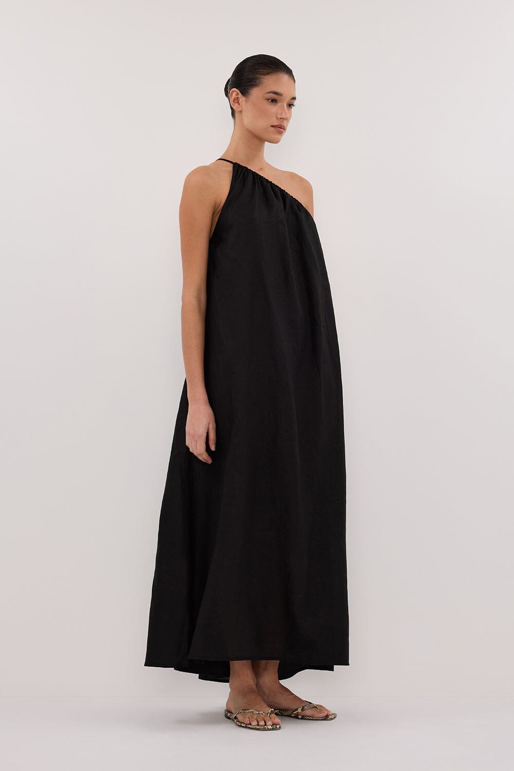 ALMA BLACK ASYM LINEN MIDI DRESS Clothing DISSH Boutiques 