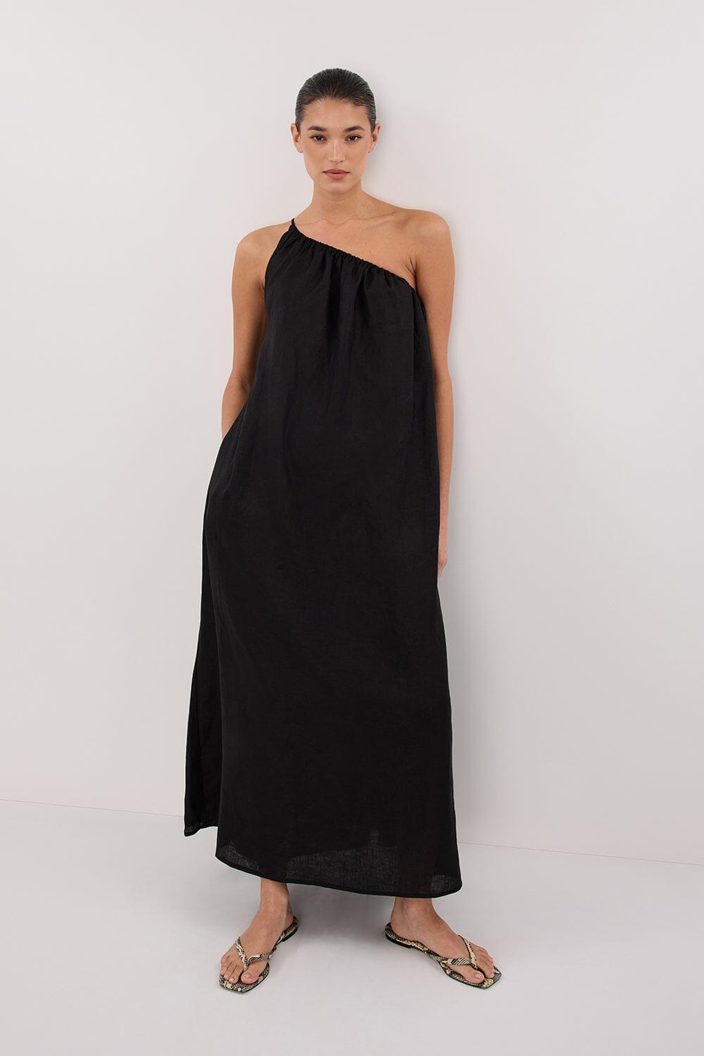 ALMA BLACK ASYM LINEN MIDI DRESS Clothing DISSH Boutiques 