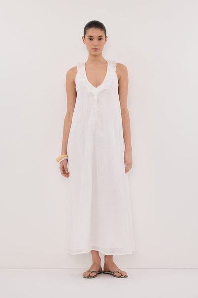 Aude wearing HAZEL WHITE RAMIE SLEEVELESS MIDI DRESS