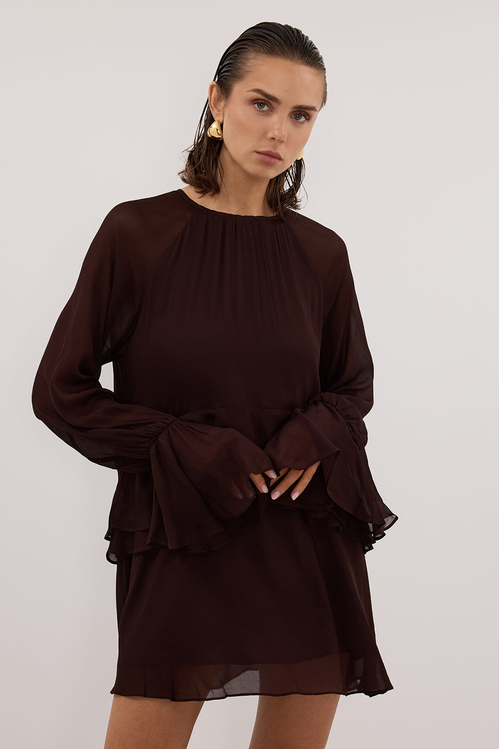 BODHI DARK CHOC LONG SLEEVE MINI DRESS Clothing DISSH Boutiques 