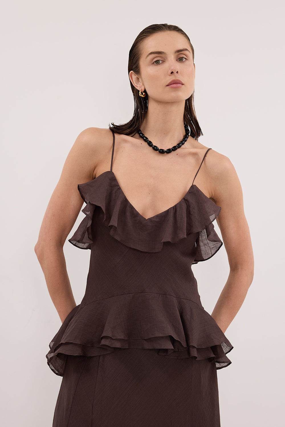 SARA DARK CHOC RAMIE MAXI DRESS - PRE ORDER Clothing DISSH Boutiques 