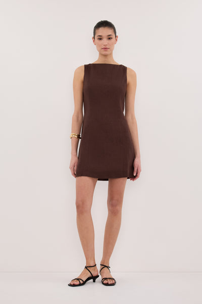Aude wearing LACY COCOA SLEEVELESS LINEN MINI DRESS