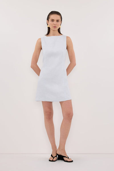 Stas wearing LACY CORNFLOWER LINEN MINI DRESS