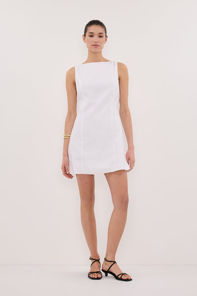 Aude wearing LACY WHITE SLEEVELESS LINEN MINI DRESS