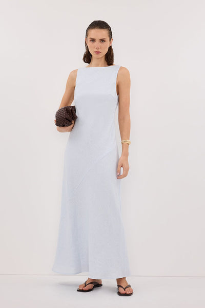 Stas wearing LACY CORNFLOWER SLEEVELESS LINEN MIDI DRESS