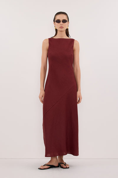Stas wearing LACY SAHARA SLEEVELESS LINEN MIDI DRESS