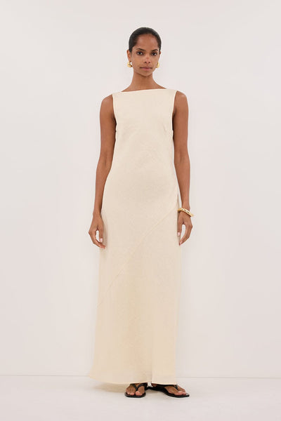 Kristen wearing LACY STRAW SLEEVELESS LINEN MIDI DRESS