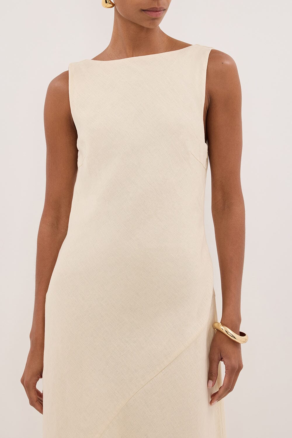 LACY STRAW SLEEVELESS LINEN MIDI DRESS