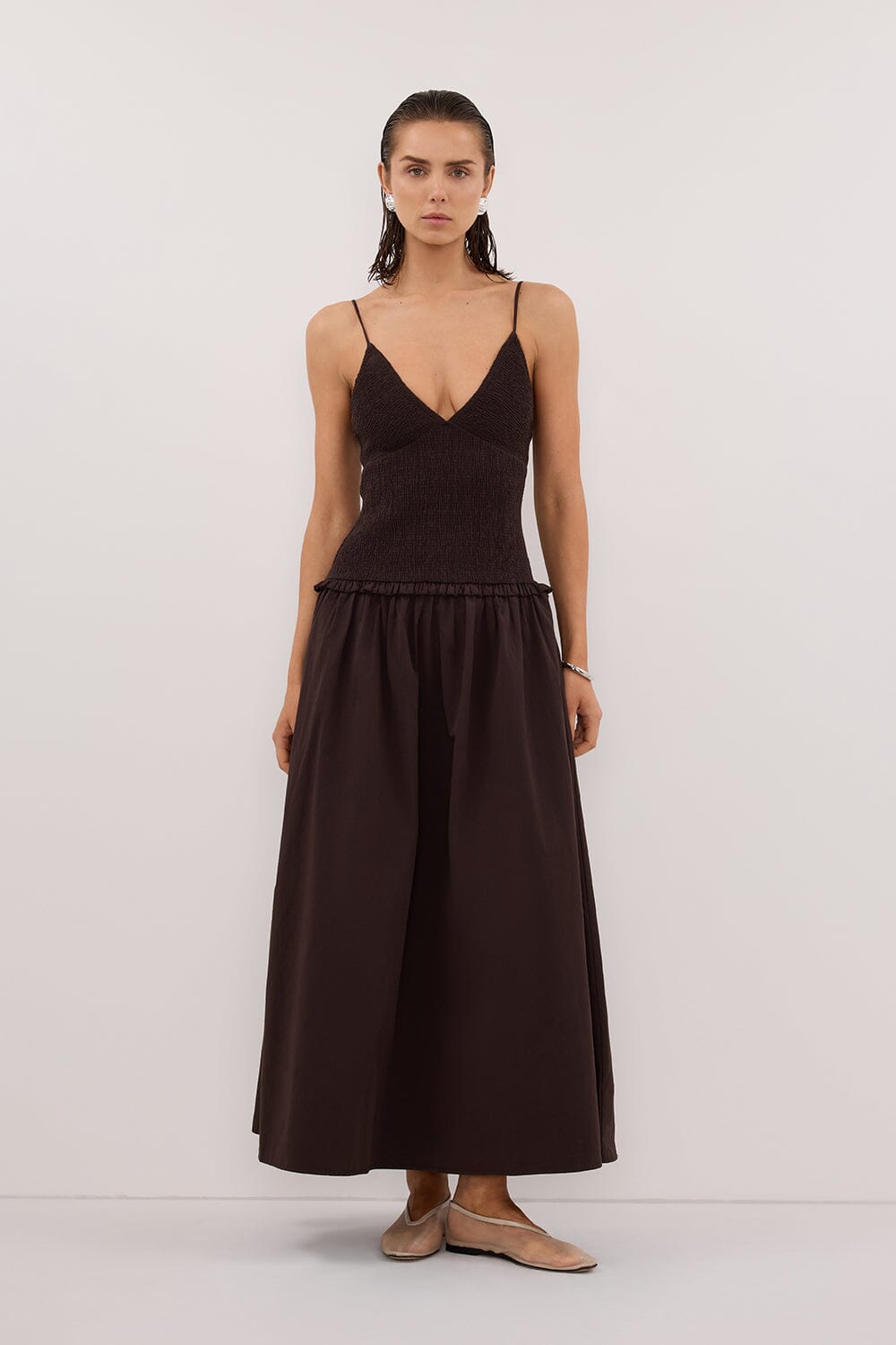 RAMONA BURNT CHOC SLEEVELESS COTTON MIDI DRESS Clothing DISSH Boutiques 