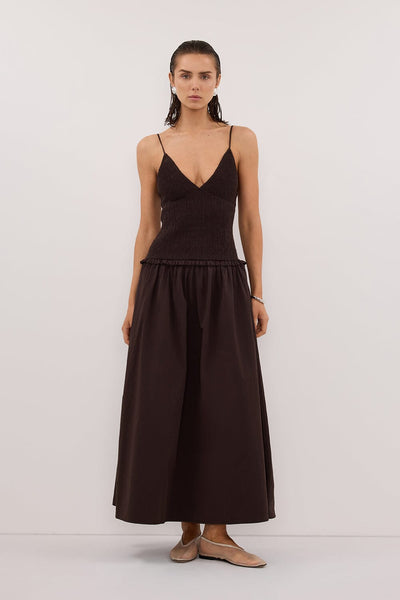 Stas wearing RAMONA BURNT CHOC SLEEVELESS COTTON MIDI DRESS