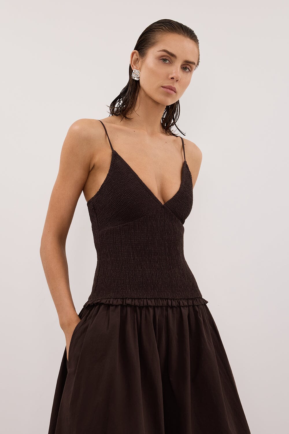 RAMONA BURNT CHOC SLEEVELESS COTTON MIDI DRESS Clothing DISSH Boutiques 